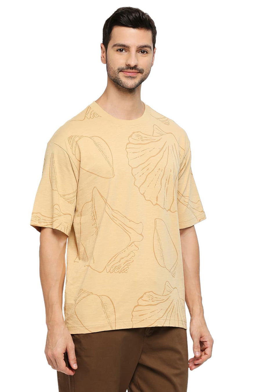 BASICS RELAXED FIT SAND COTTON PRINTED CREW T-SHIRTS