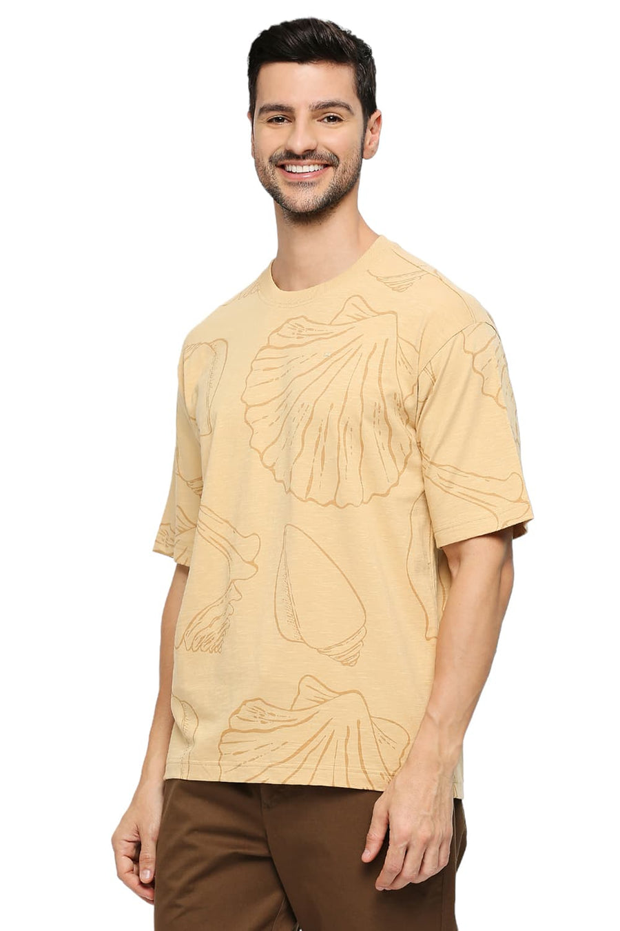 BASICS RELAXED FIT SAND COTTON PRINTED CREW T-SHIRTS