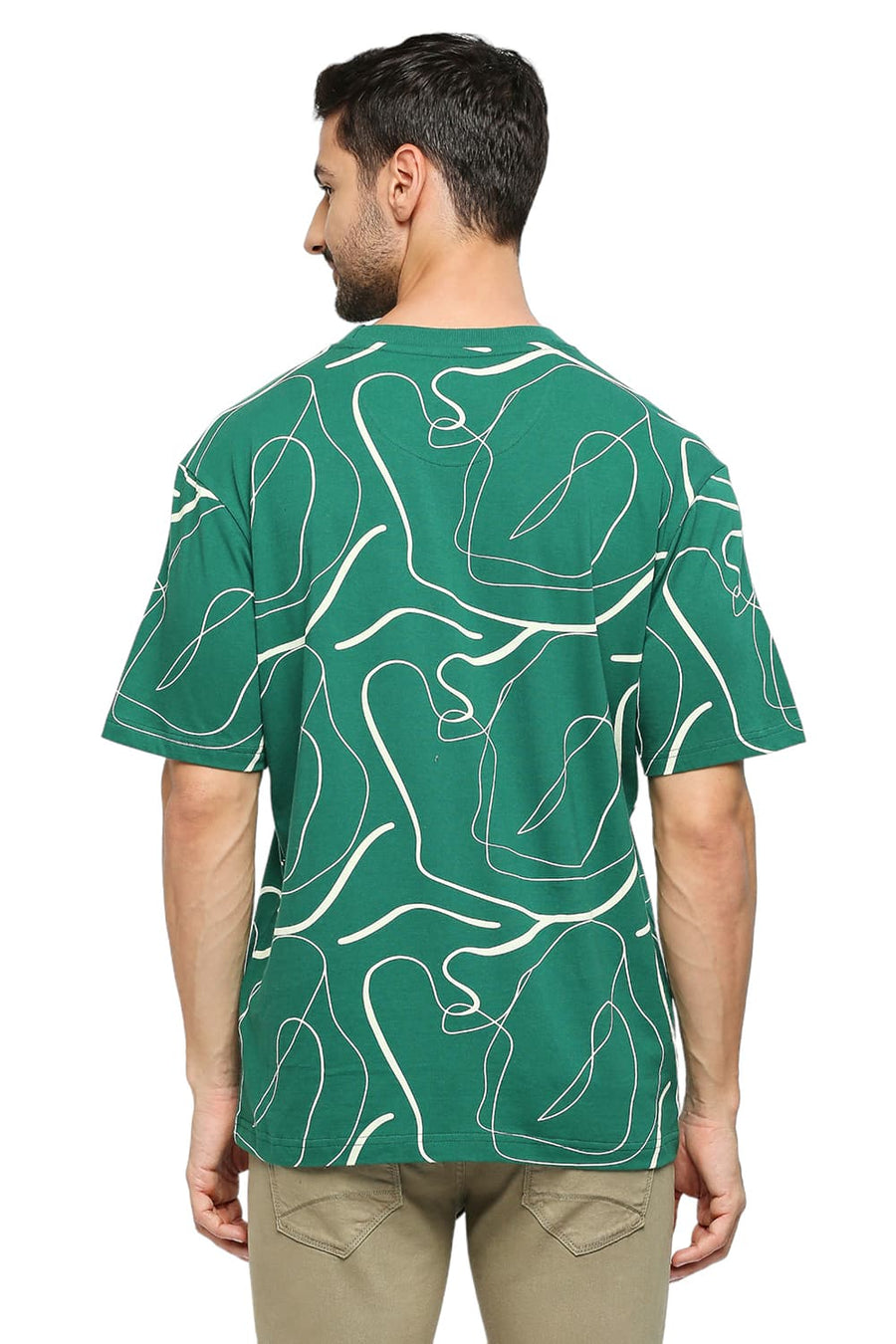 BASICS RELAXED FIT VERDANT GREEN COTTON PRINTED CREW T-SHIRTS
