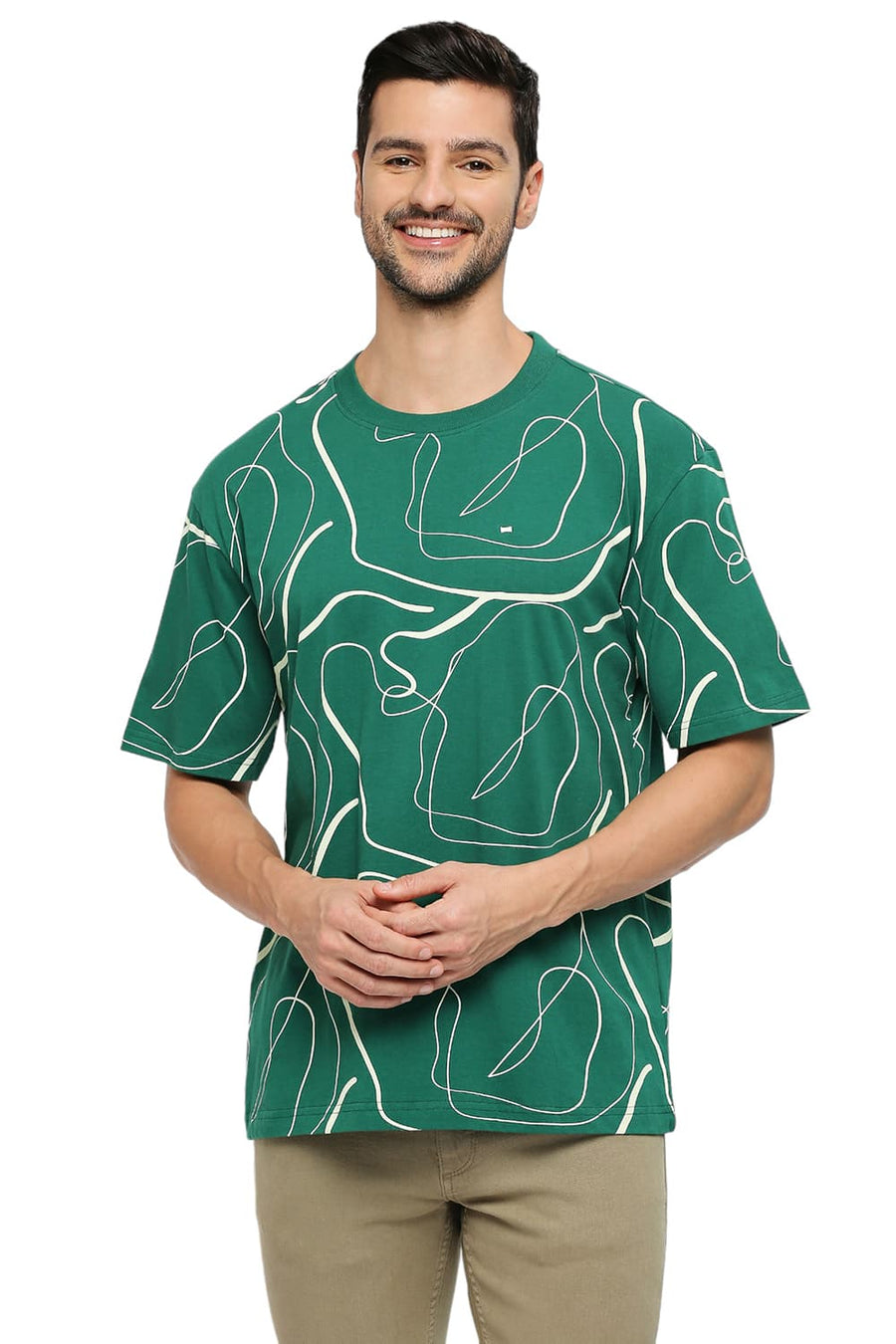 BASICS RELAXED FIT VERDANT GREEN COTTON PRINTED CREW T-SHIRTS