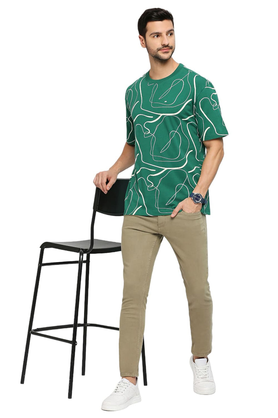BASICS RELAXED FIT VERDANT GREEN COTTON PRINTED CREW T-SHIRTS