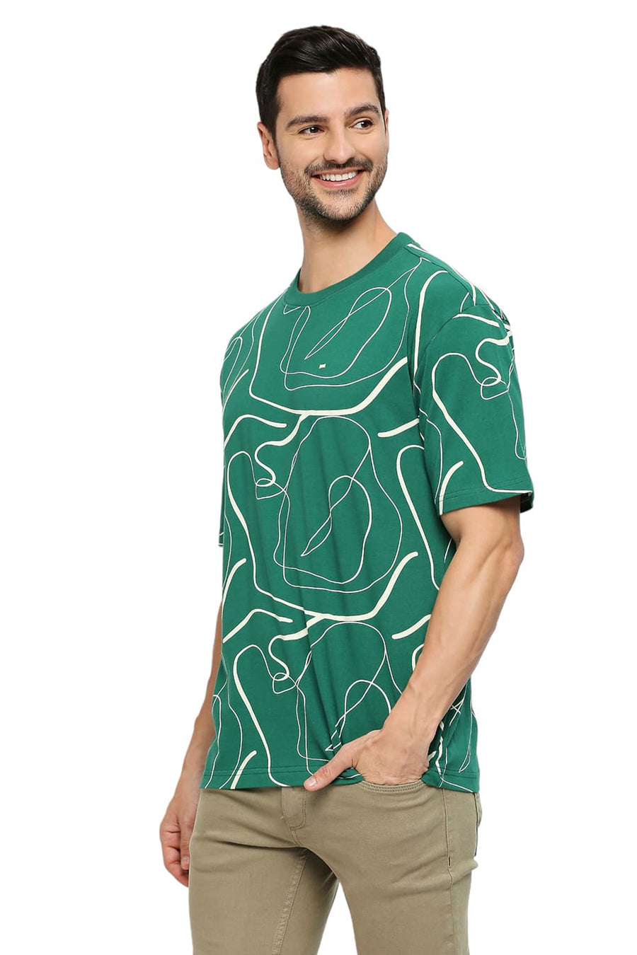 BASICS RELAXED FIT VERDANT GREEN COTTON PRINTED CREW T-SHIRTS