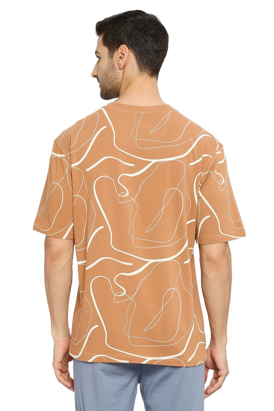 BASICS RELAXED FIT CAMEL COTTON PRINTED CREW T-SHIRTS