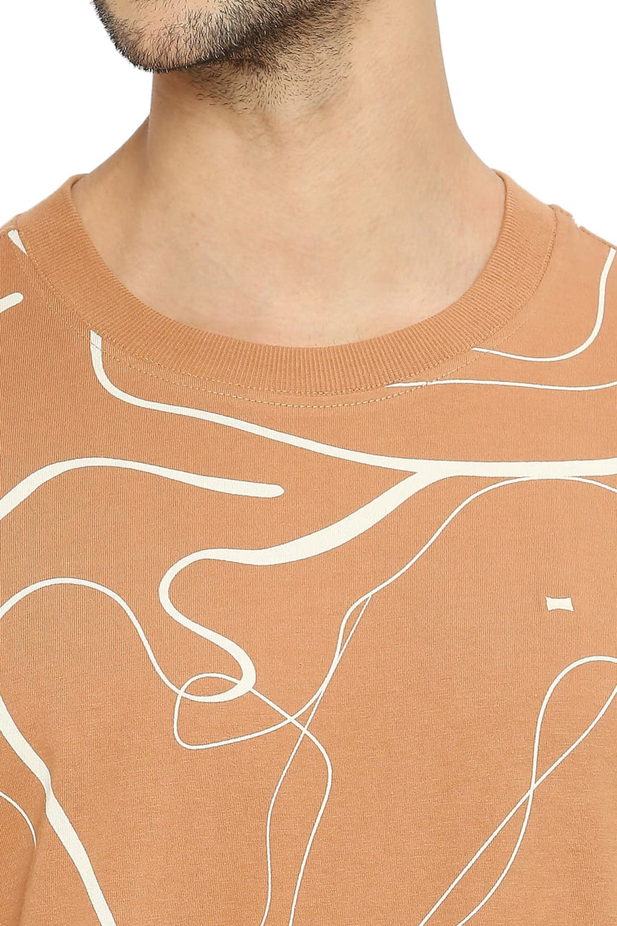 BASICS RELAXED FIT CAMEL COTTON PRINTED CREW T-SHIRTS