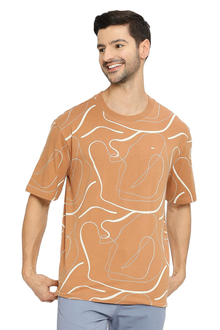 BASICS RELAXED FIT CAMEL COTTON PRINTED CREW T-SHIRTS