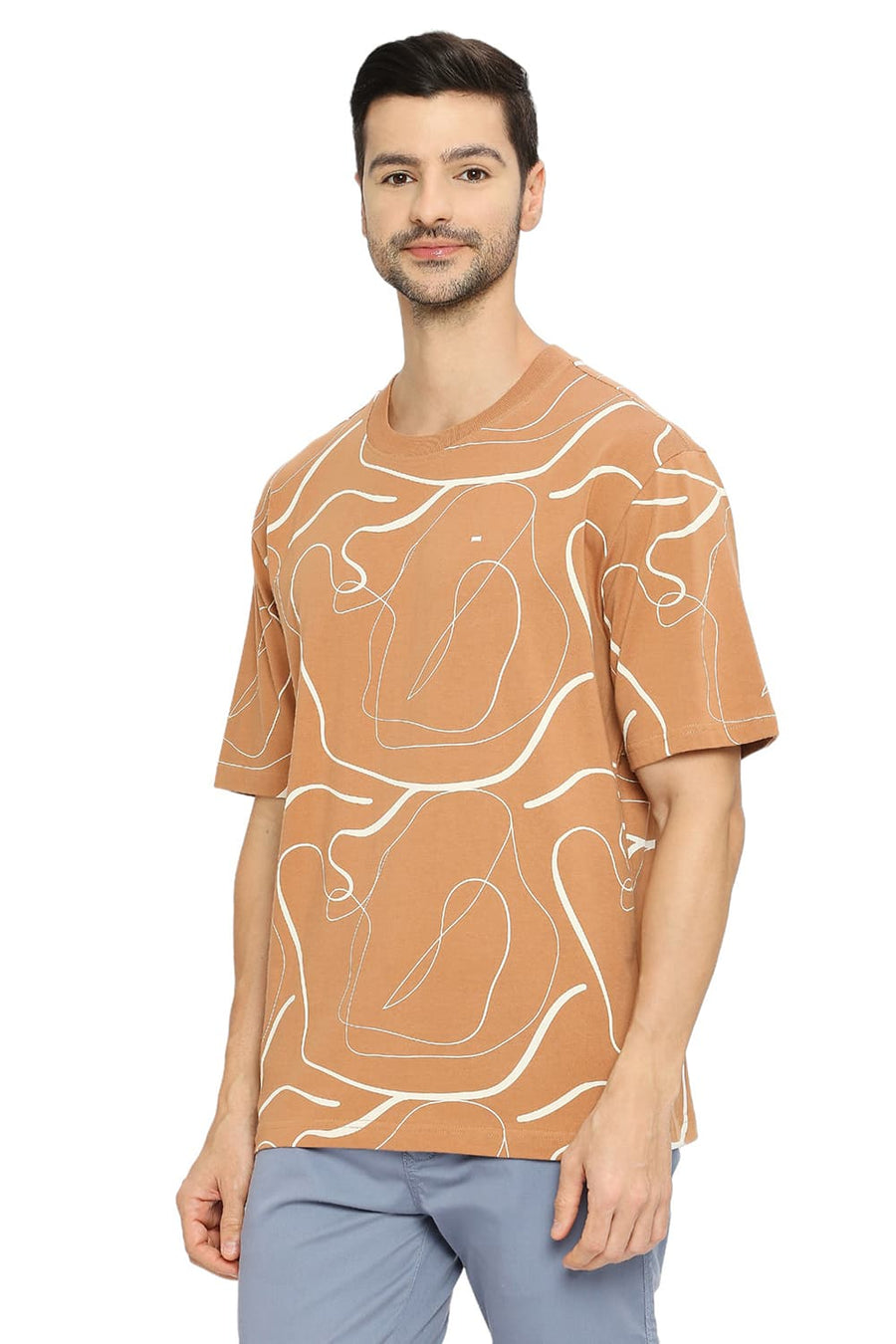 BASICS RELAXED FIT CAMEL COTTON PRINTED CREW T-SHIRTS