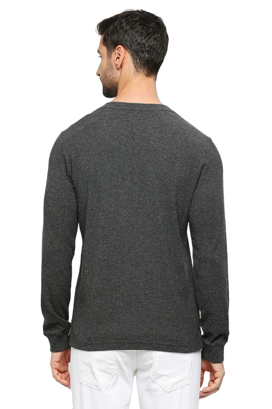 BASICS MUSCLE FIT CHARCOAL HEATHER COTTON POLYESTER SOLID HENLEY T-SHIRTS
