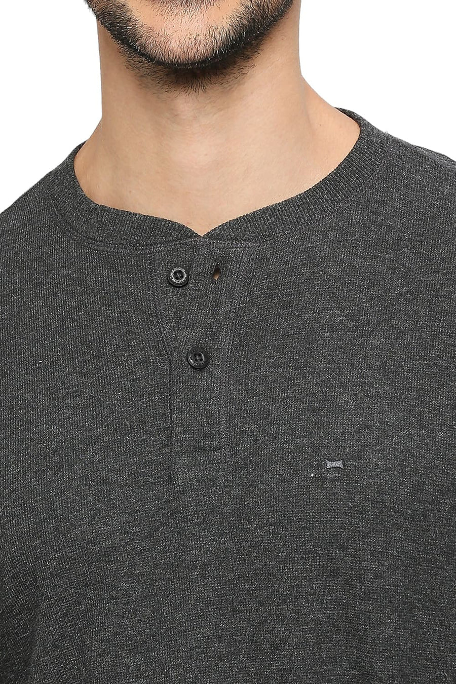 BASICS MUSCLE FIT CHARCOAL HEATHER COTTON POLYESTER SOLID HENLEY T-SHIRTS