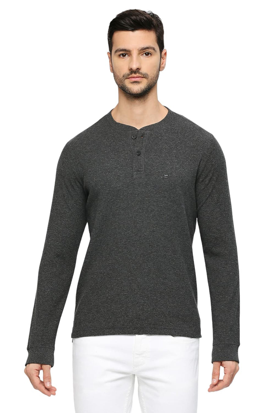 BASICS MUSCLE FIT CHARCOAL HEATHER COTTON POLYESTER SOLID HENLEY T-SHIRTS