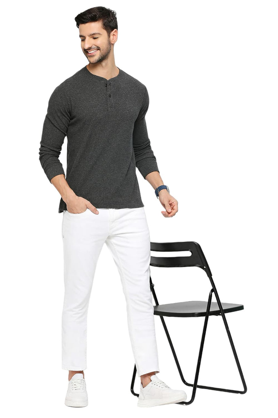 BASICS MUSCLE FIT CHARCOAL HEATHER COTTON POLYESTER SOLID HENLEY T-SHIRTS