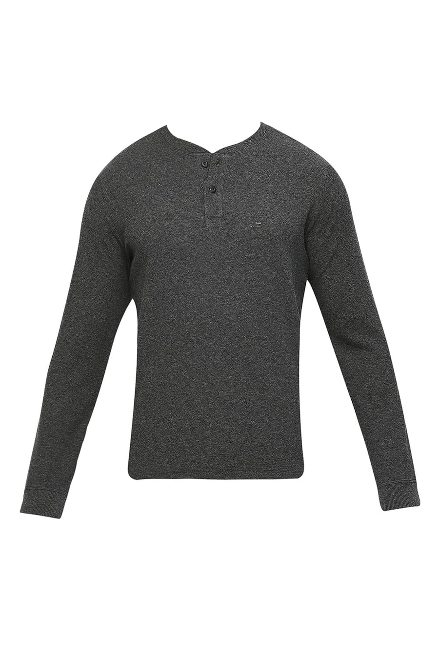 BASICS MUSCLE FIT CHARCOAL HEATHER COTTON POLYESTER SOLID HENLEY T-SHIRTS