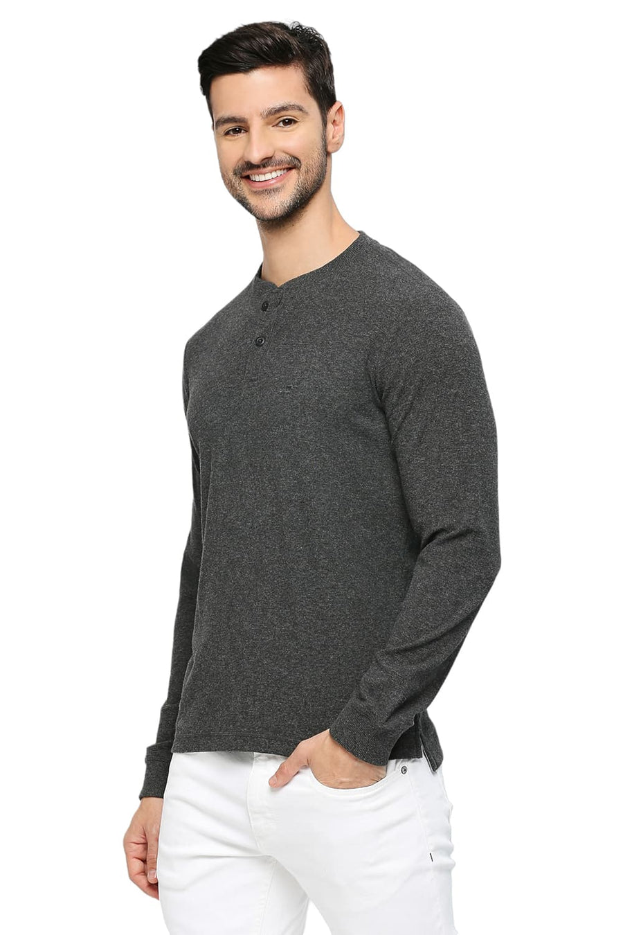 BASICS MUSCLE FIT CHARCOAL HEATHER COTTON POLYESTER SOLID HENLEY T-SHIRTS