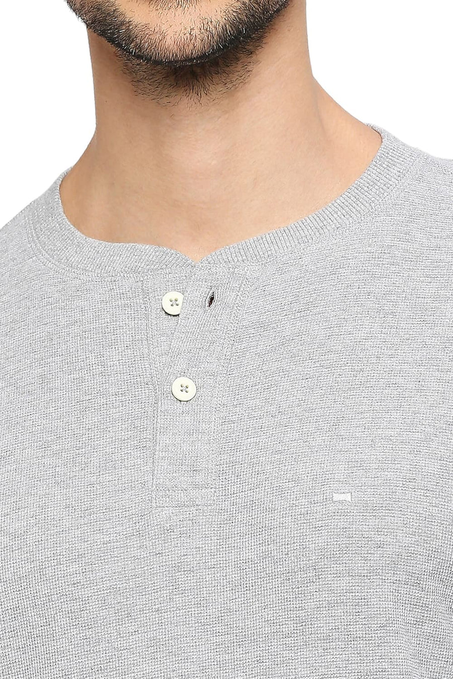 BASICS MUSCLE FIT GREY HEATHER COTTON POLYESTER SOLID HENLEY T-SHIRTS