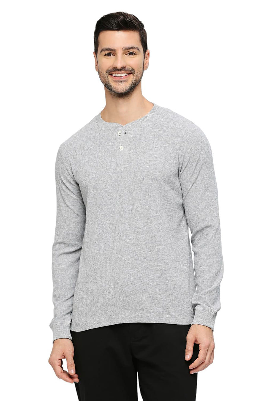 BASICS MUSCLE FIT GREY HEATHER COTTON POLYESTER SOLID HENLEY T-SHIRTS
