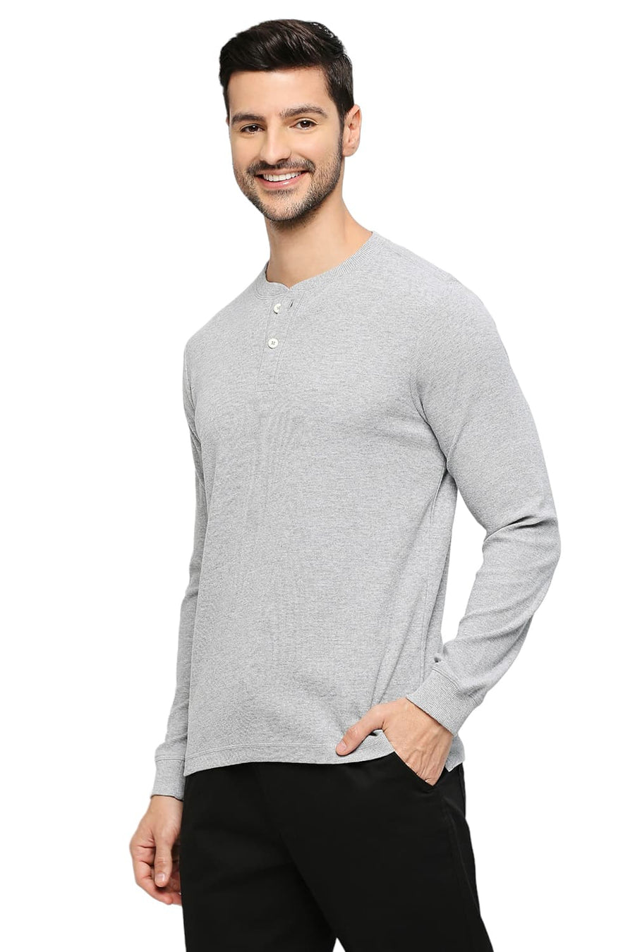 BASICS MUSCLE FIT GREY HEATHER COTTON POLYESTER SOLID HENLEY T-SHIRTS