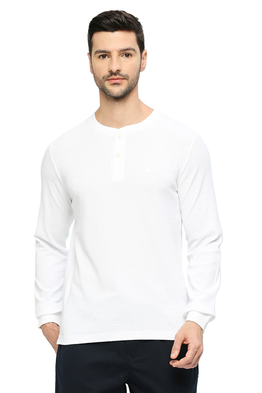 BASICS MUSCLE FIT BRIGHT WHITE COTTON POLYESTER SOLID HENLEY T-SHIRTS