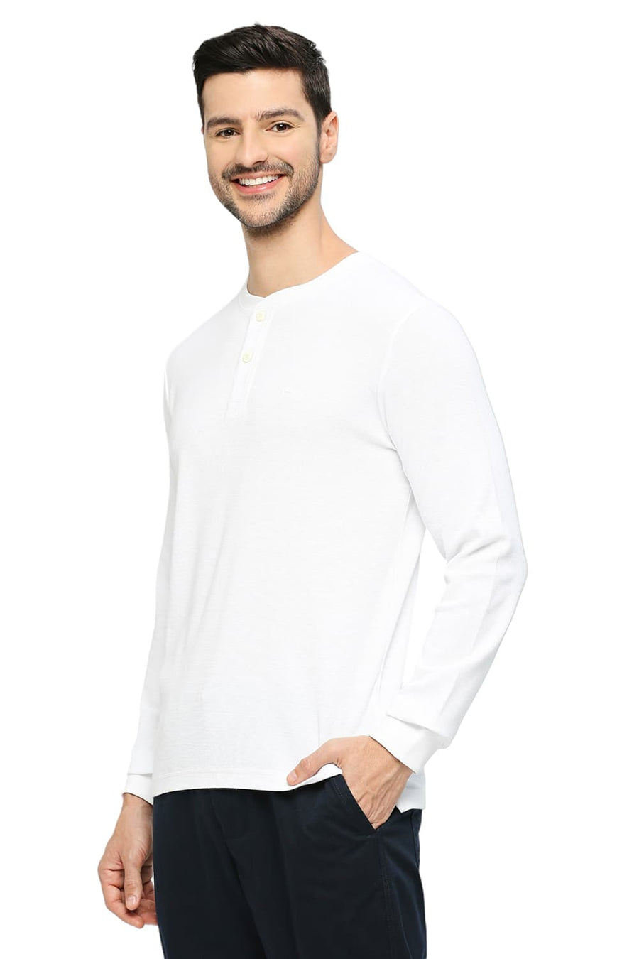 BASICS MUSCLE FIT BRIGHT WHITE COTTON POLYESTER SOLID HENLEY T-SHIRTS