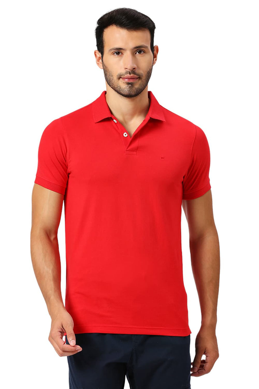BASICS MUSCLE FIT RACING RED COTTON STRETCH SOLID POLO T-SHIRTS
