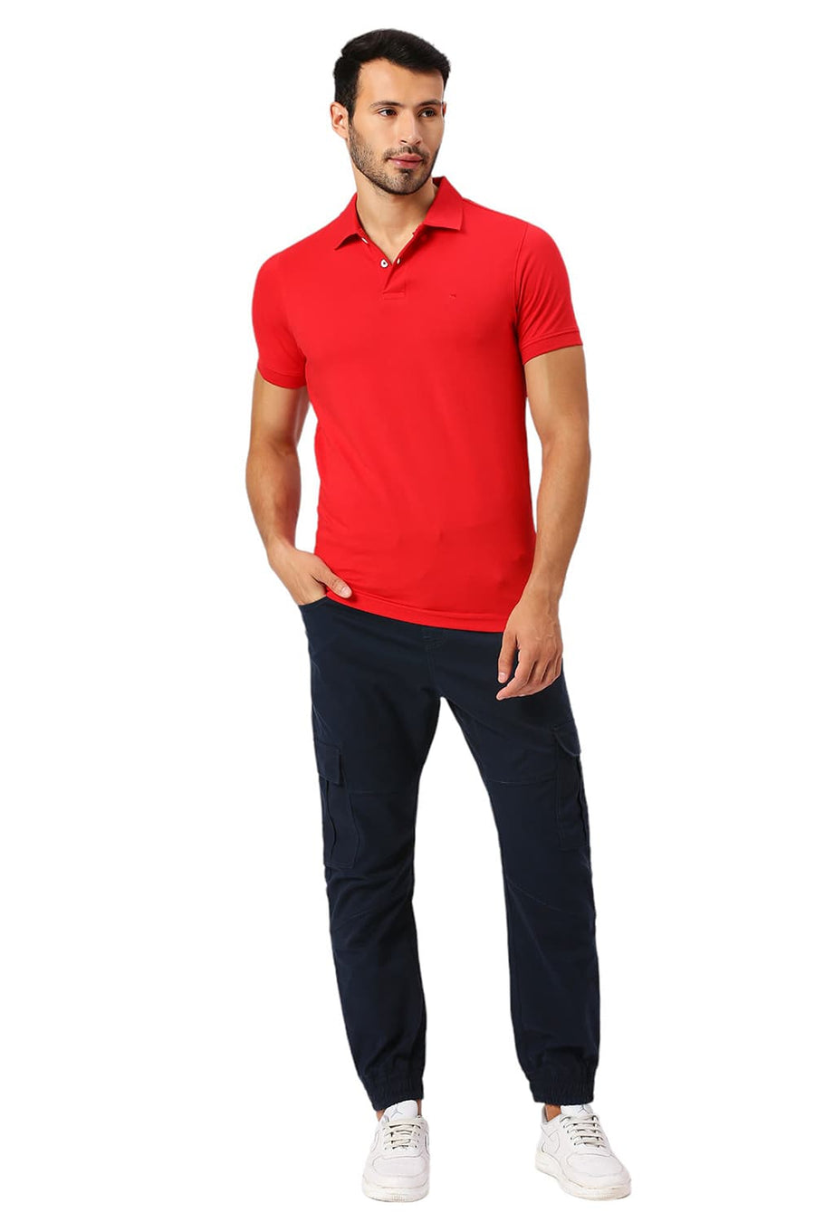 BASICS MUSCLE FIT RACING RED COTTON STRETCH SOLID POLO T-SHIRTS