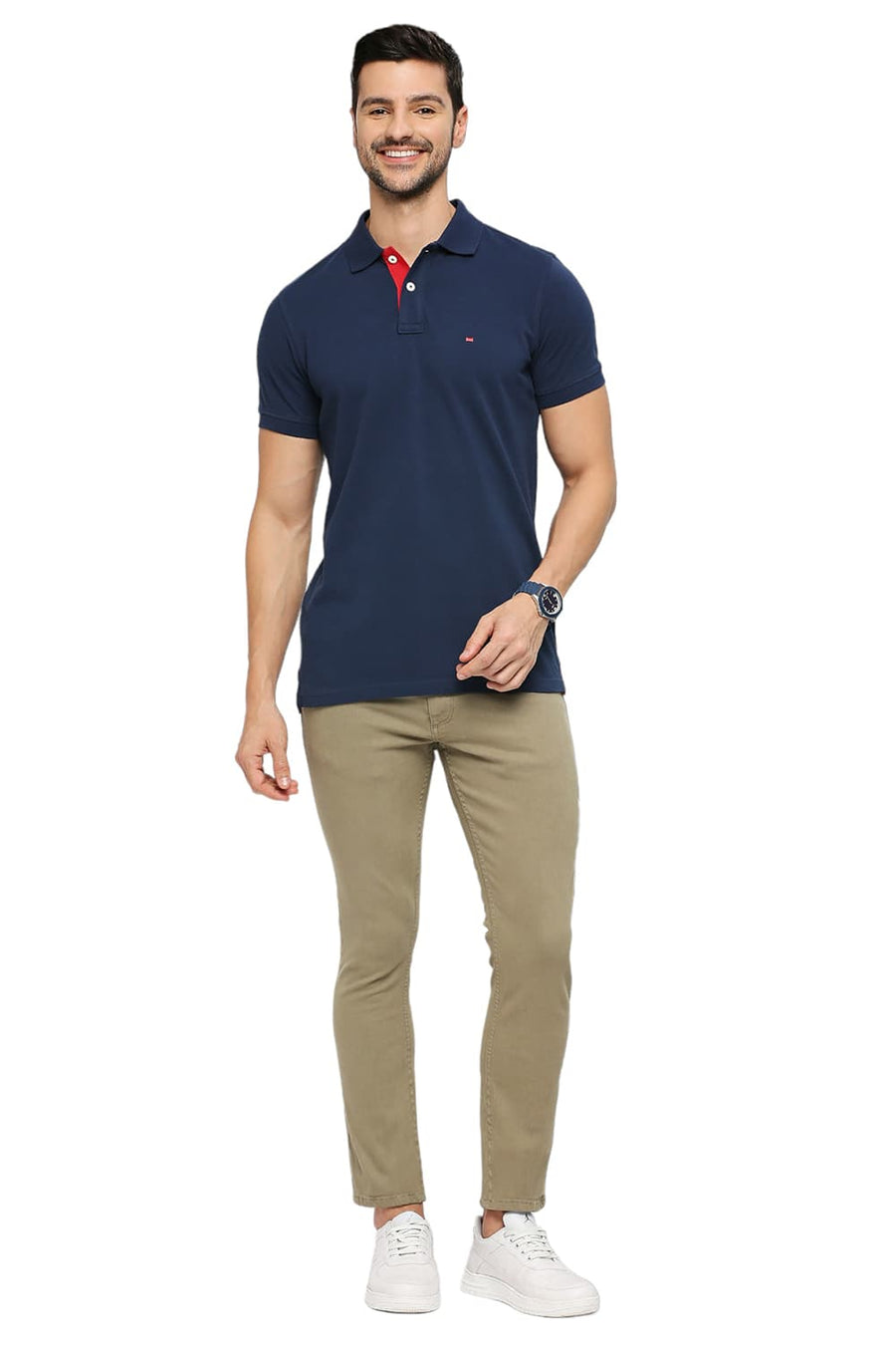 BASICS MUSCLE FIT PEGEANT BLUE COTTON SOLID POLO T-SHIRTS