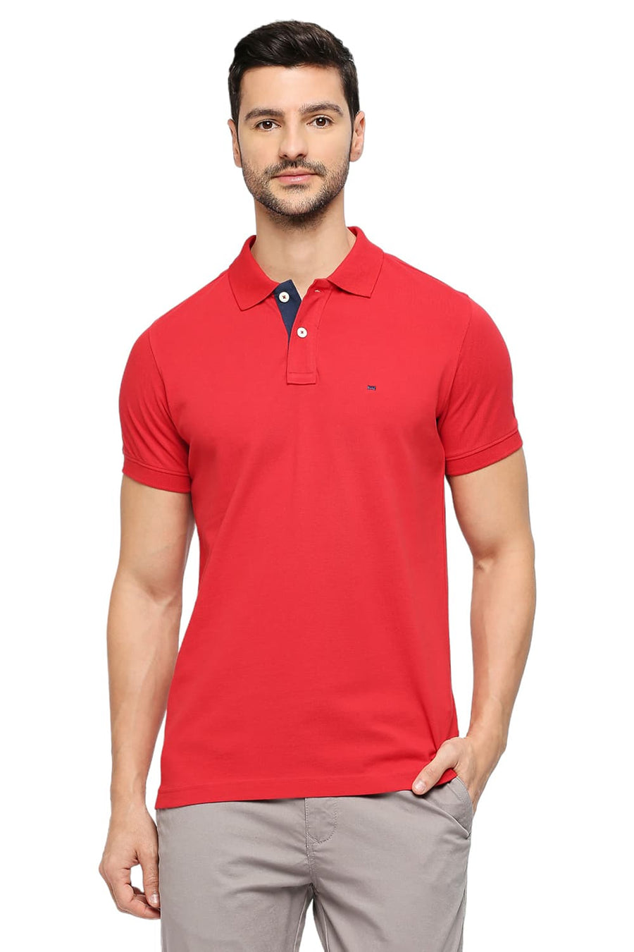 BASICS MUSCLE FIT URBAN RED COTTON SOLID POLO T-SHIRTS
