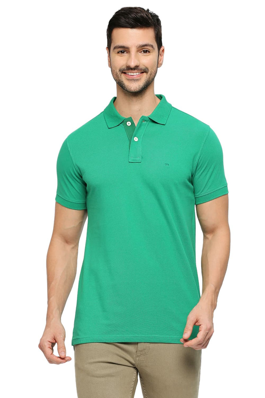 BASICS MUSCLE FIT GREEN TAMBOURINE COTTON SOLID POLO T-SHIRTS