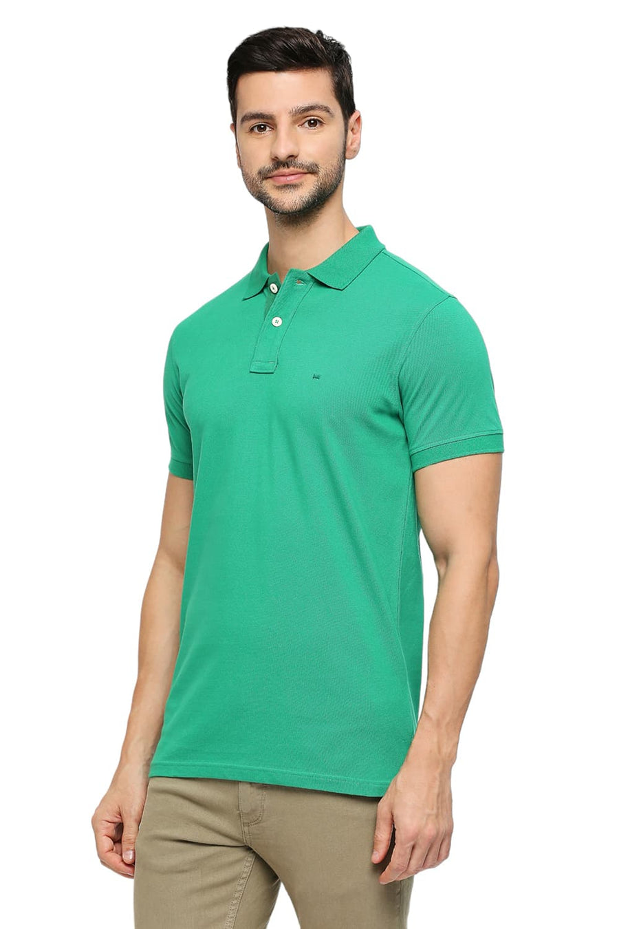 BASICS MUSCLE FIT GREEN TAMBOURINE COTTON SOLID POLO T-SHIRTS