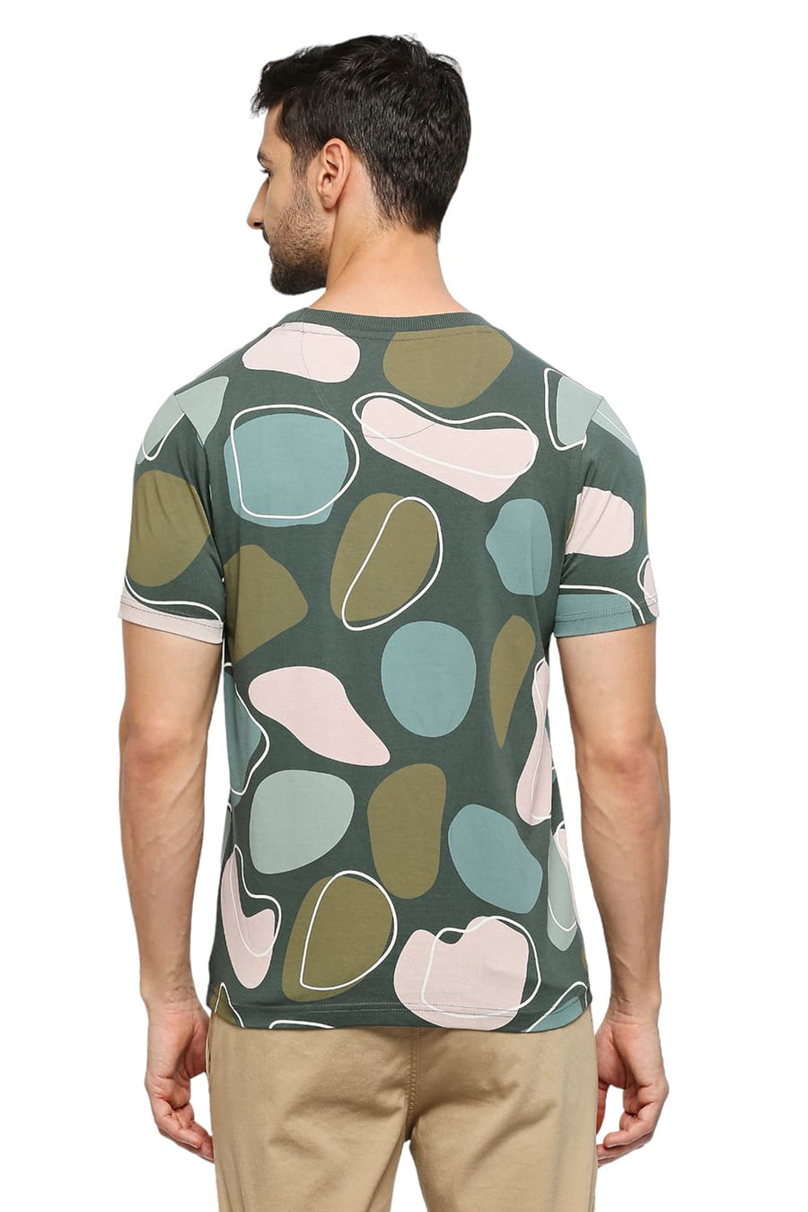 BASICS MUSCLE FIT JUNGLE GREEN COTTON PRINTED CREW T-SHIRTS