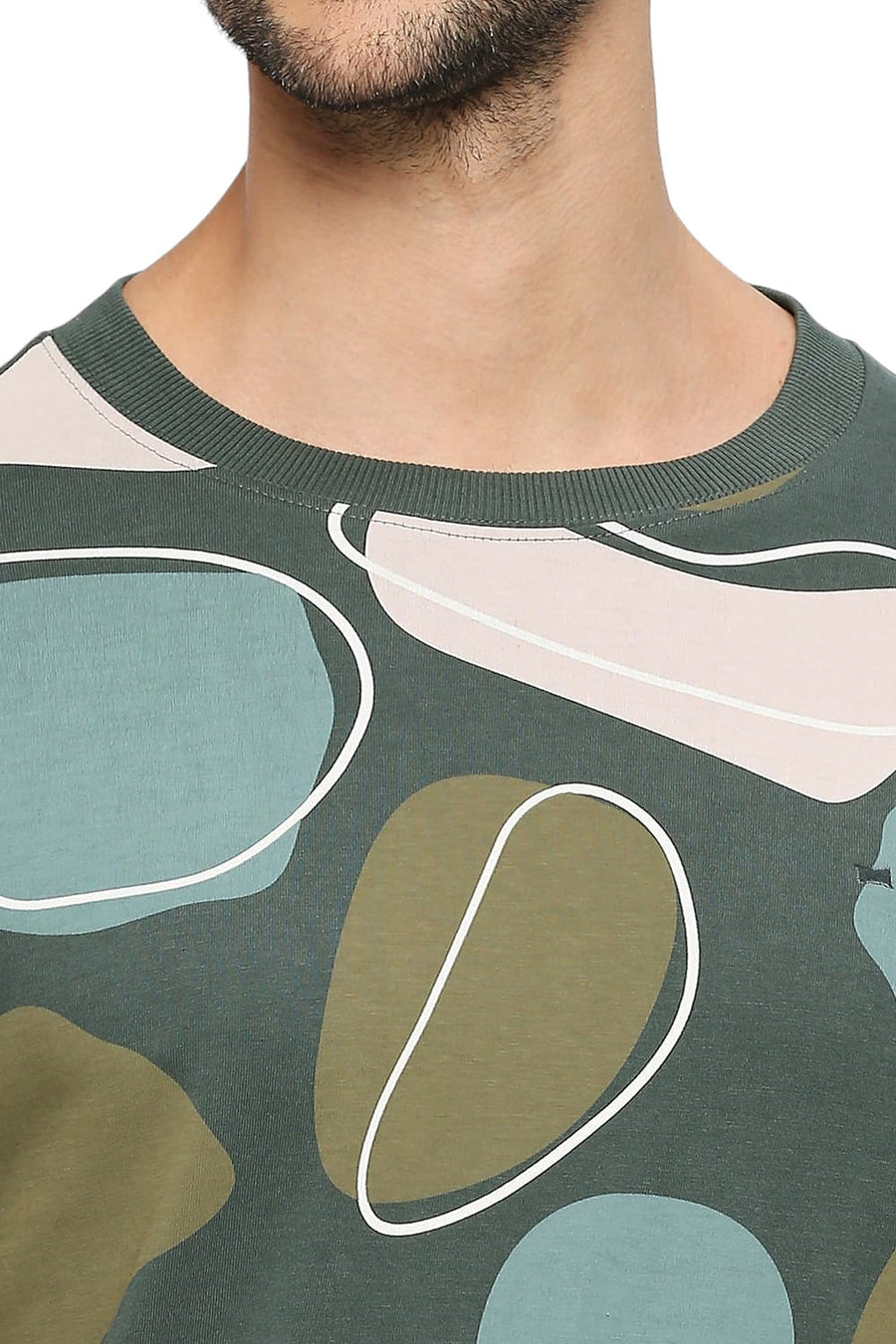 BASICS MUSCLE FIT JUNGLE GREEN COTTON PRINTED CREW T-SHIRTS