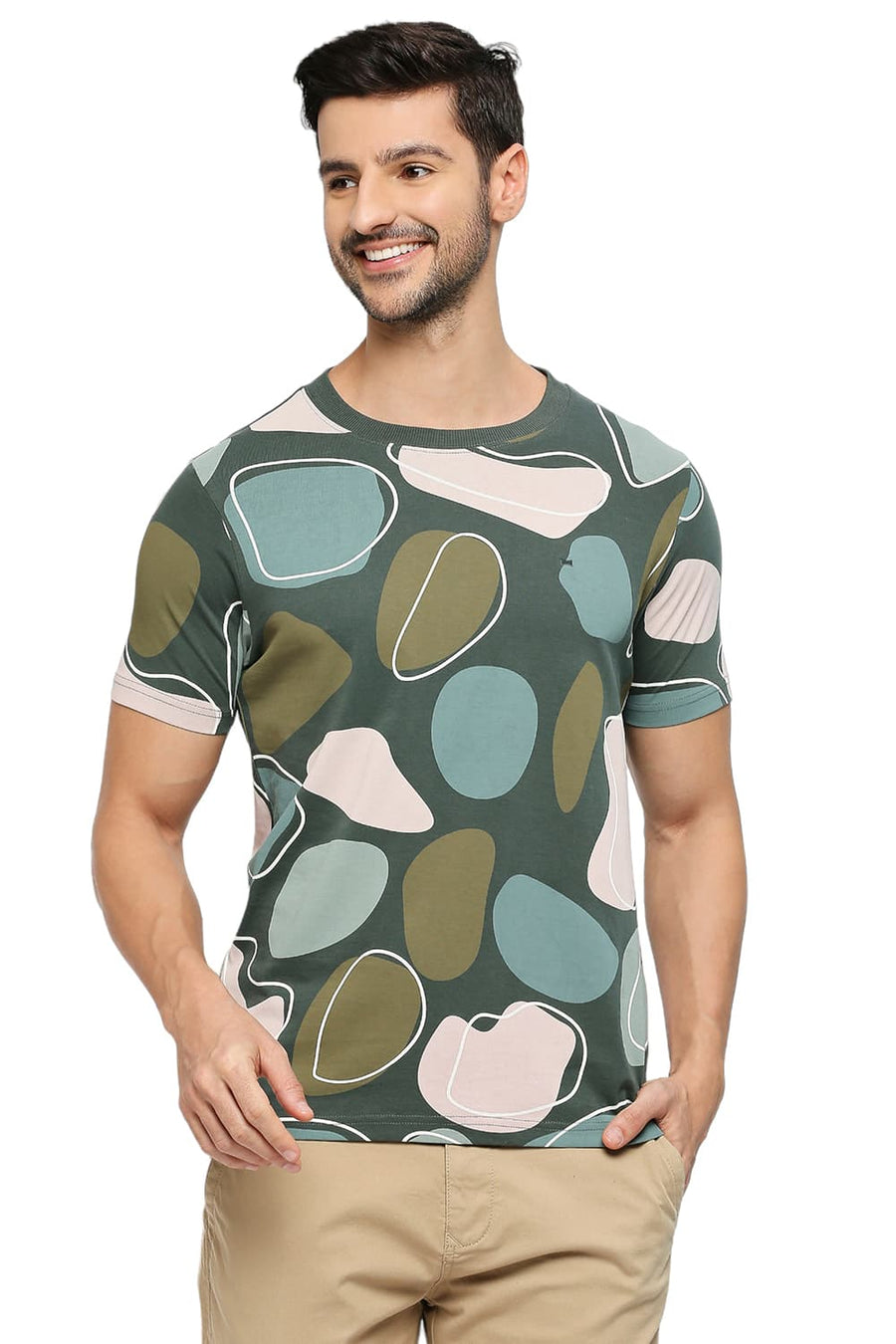 BASICS MUSCLE FIT JUNGLE GREEN COTTON PRINTED CREW T-SHIRTS