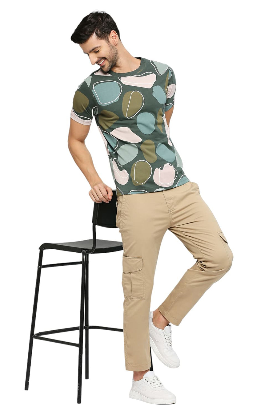 BASICS MUSCLE FIT JUNGLE GREEN COTTON PRINTED CREW T-SHIRTS