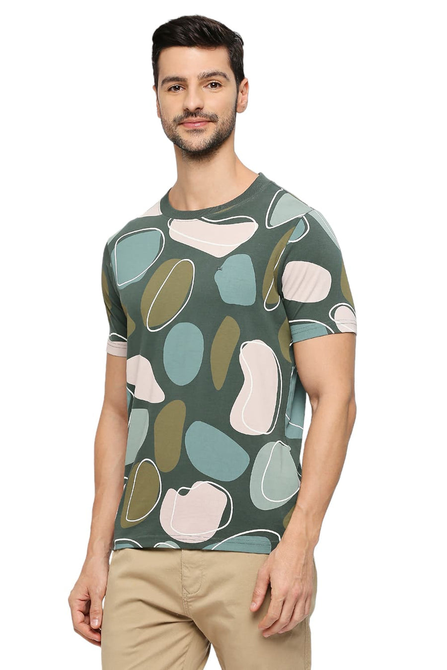 BASICS MUSCLE FIT JUNGLE GREEN COTTON PRINTED CREW T-SHIRTS
