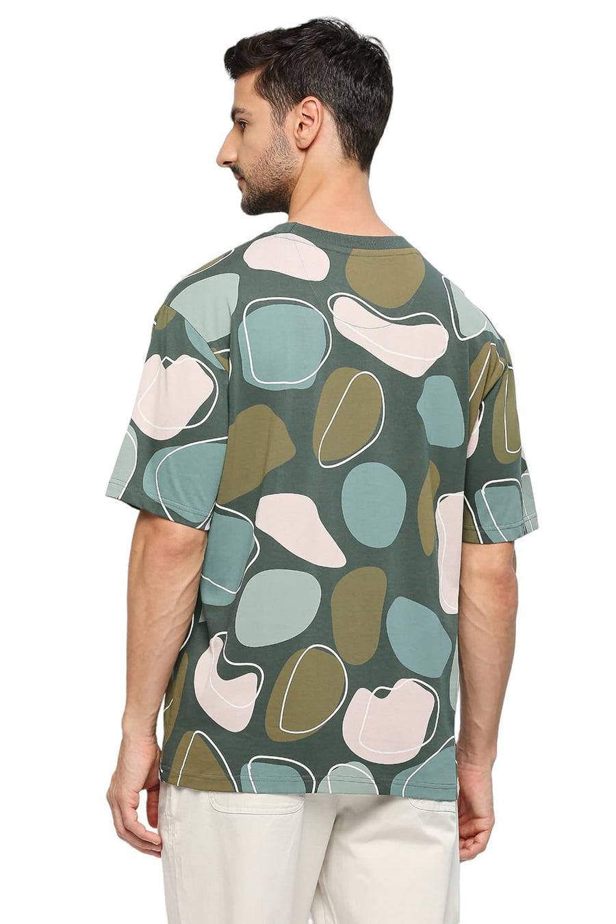 BASICS RELAXED FIT JUNGLE GREEN COTTON PRINTED CREW T-SHIRTS