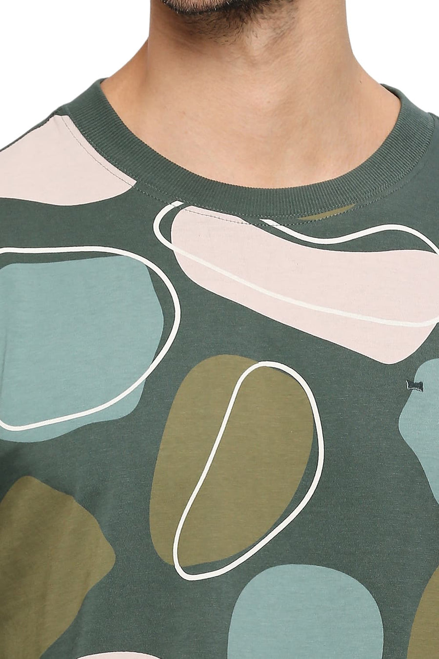 BASICS RELAXED FIT JUNGLE GREEN COTTON PRINTED CREW T-SHIRTS