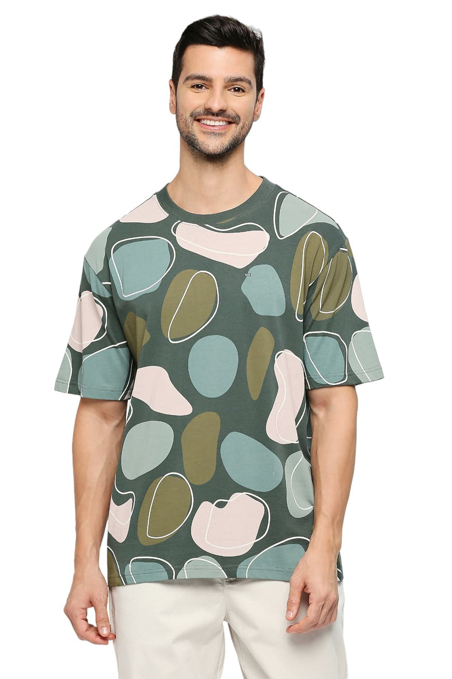 BASICS RELAXED FIT JUNGLE GREEN COTTON PRINTED CREW T-SHIRTS