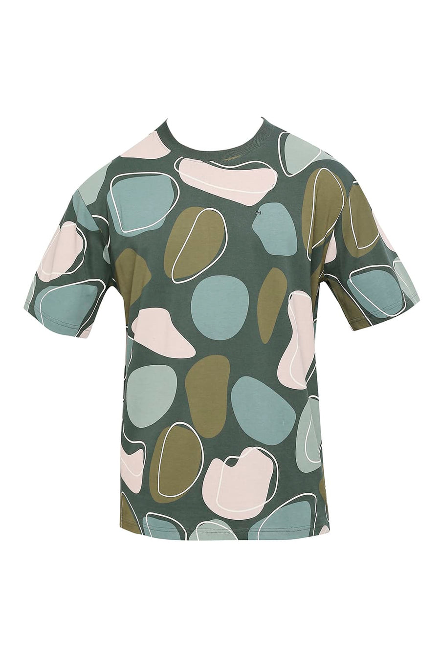 BASICS RELAXED FIT JUNGLE GREEN COTTON PRINTED CREW T-SHIRTS