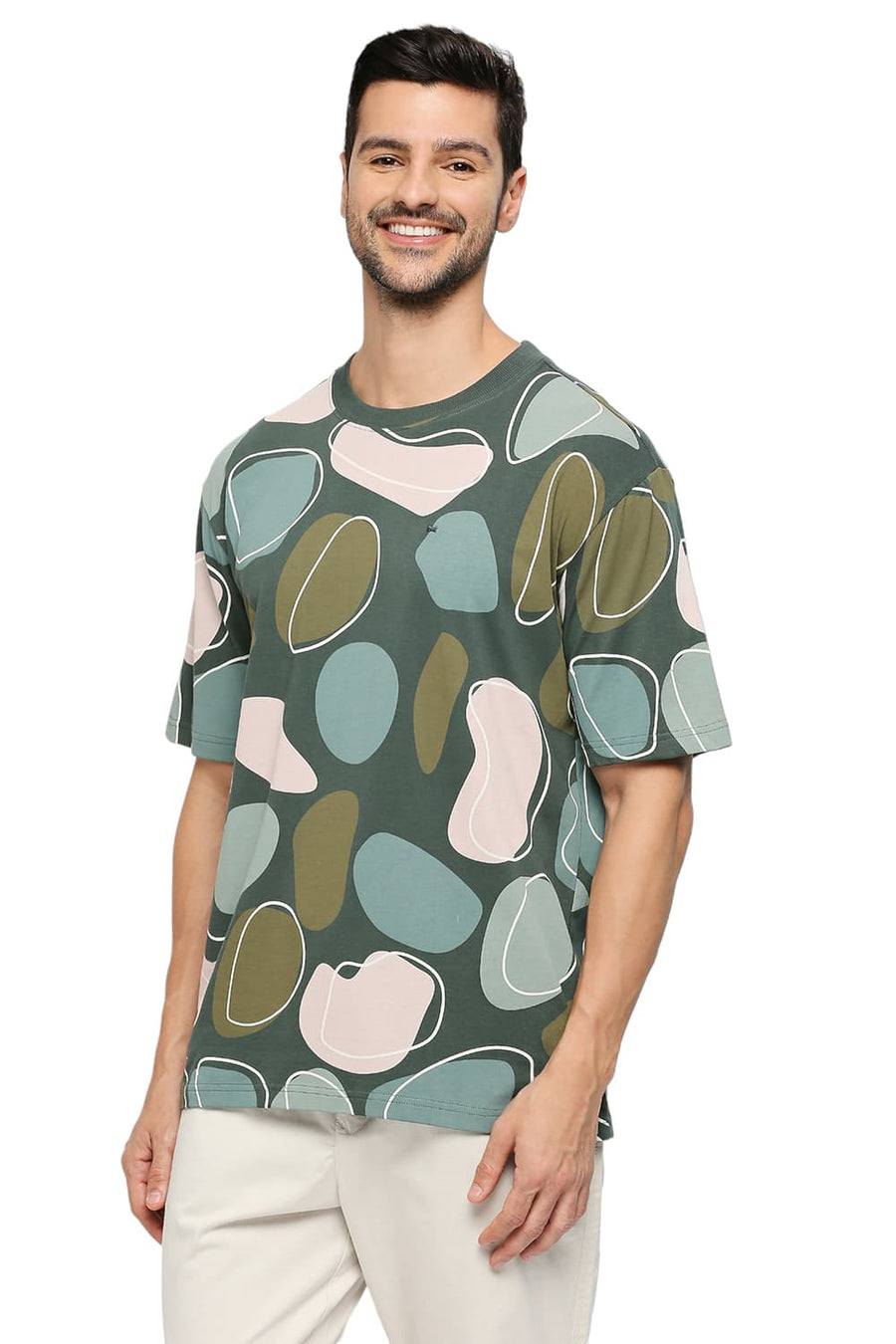 BASICS RELAXED FIT JUNGLE GREEN COTTON PRINTED CREW T-SHIRTS