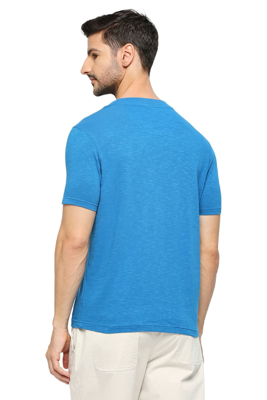 BASICS MUSCLE FIT MYKONOS BLUE COTTON SOLID CREW T-SHIRTS