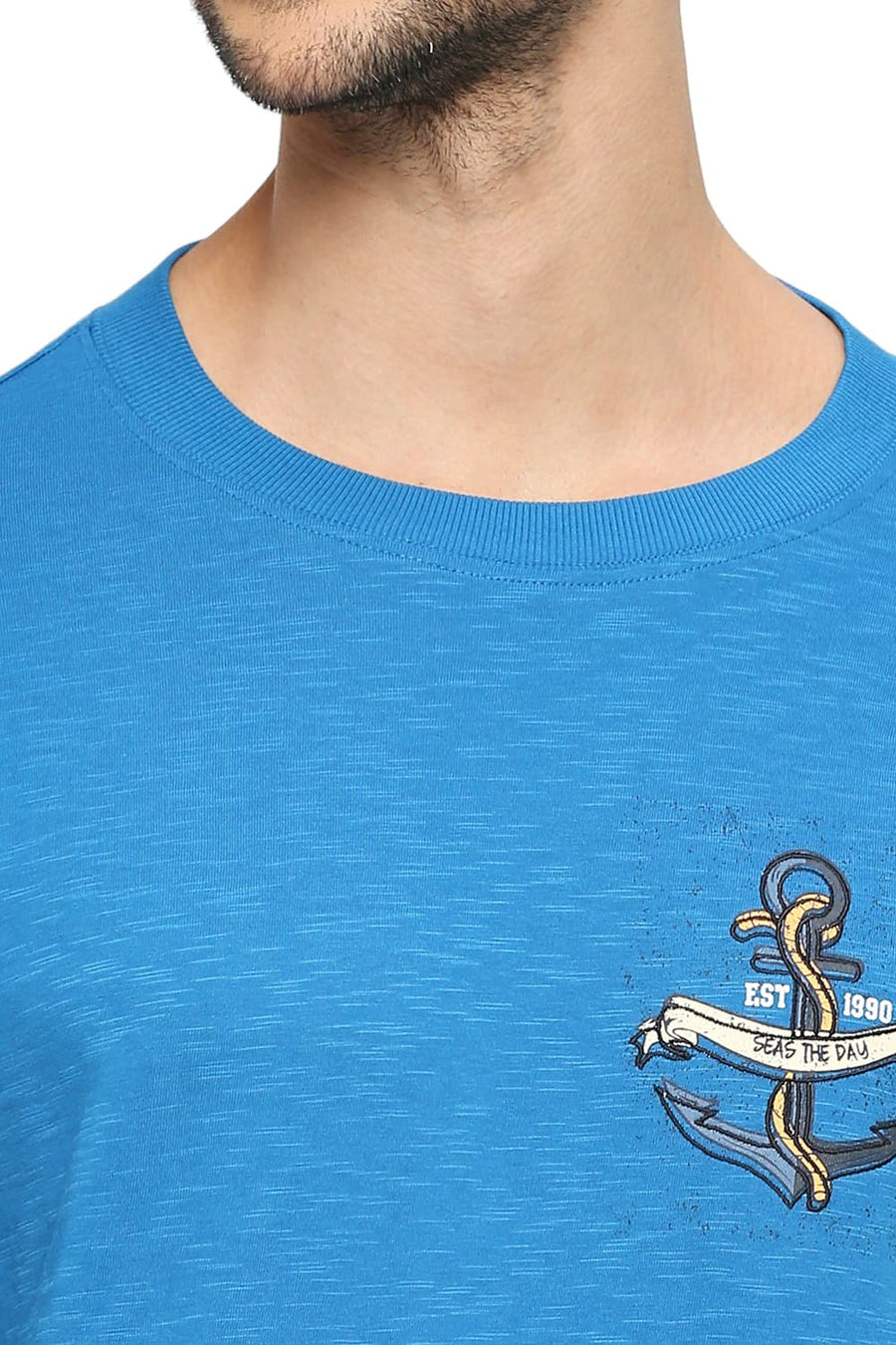BASICS MUSCLE FIT MYKONOS BLUE COTTON SOLID CREW T-SHIRTS