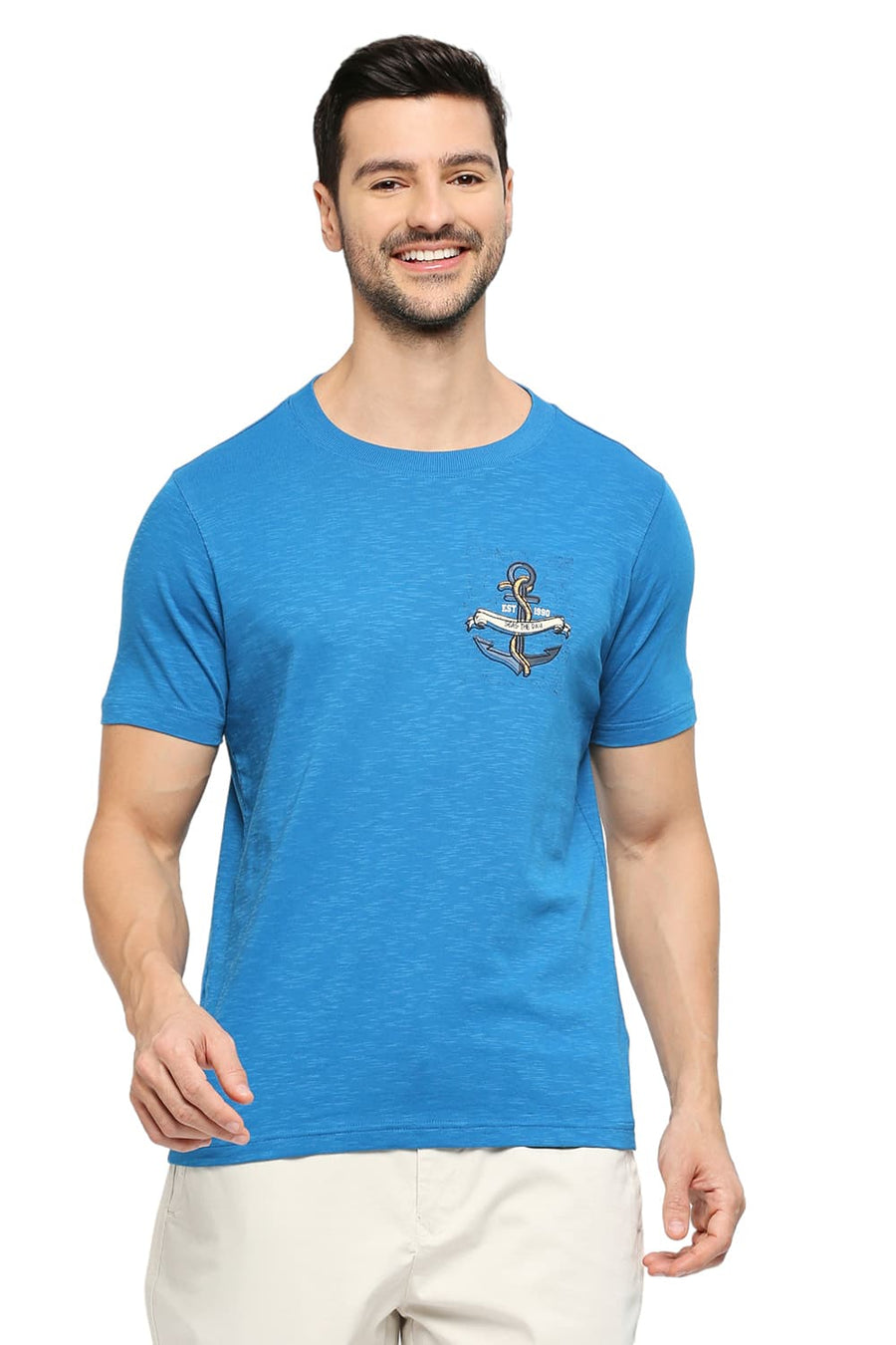 BASICS MUSCLE FIT MYKONOS BLUE COTTON SOLID CREW T-SHIRTS