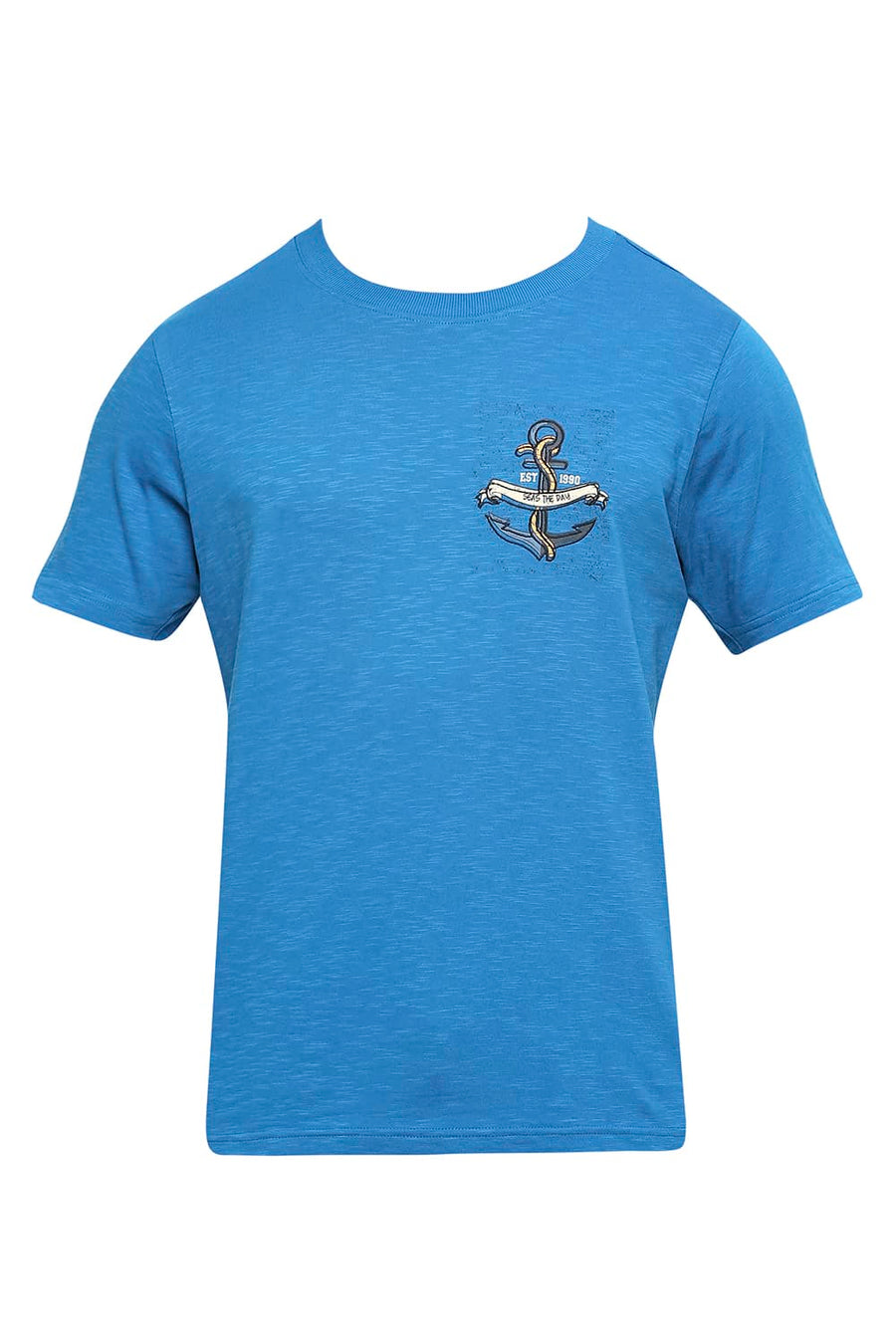 BASICS MUSCLE FIT MYKONOS BLUE COTTON SOLID CREW T-SHIRTS