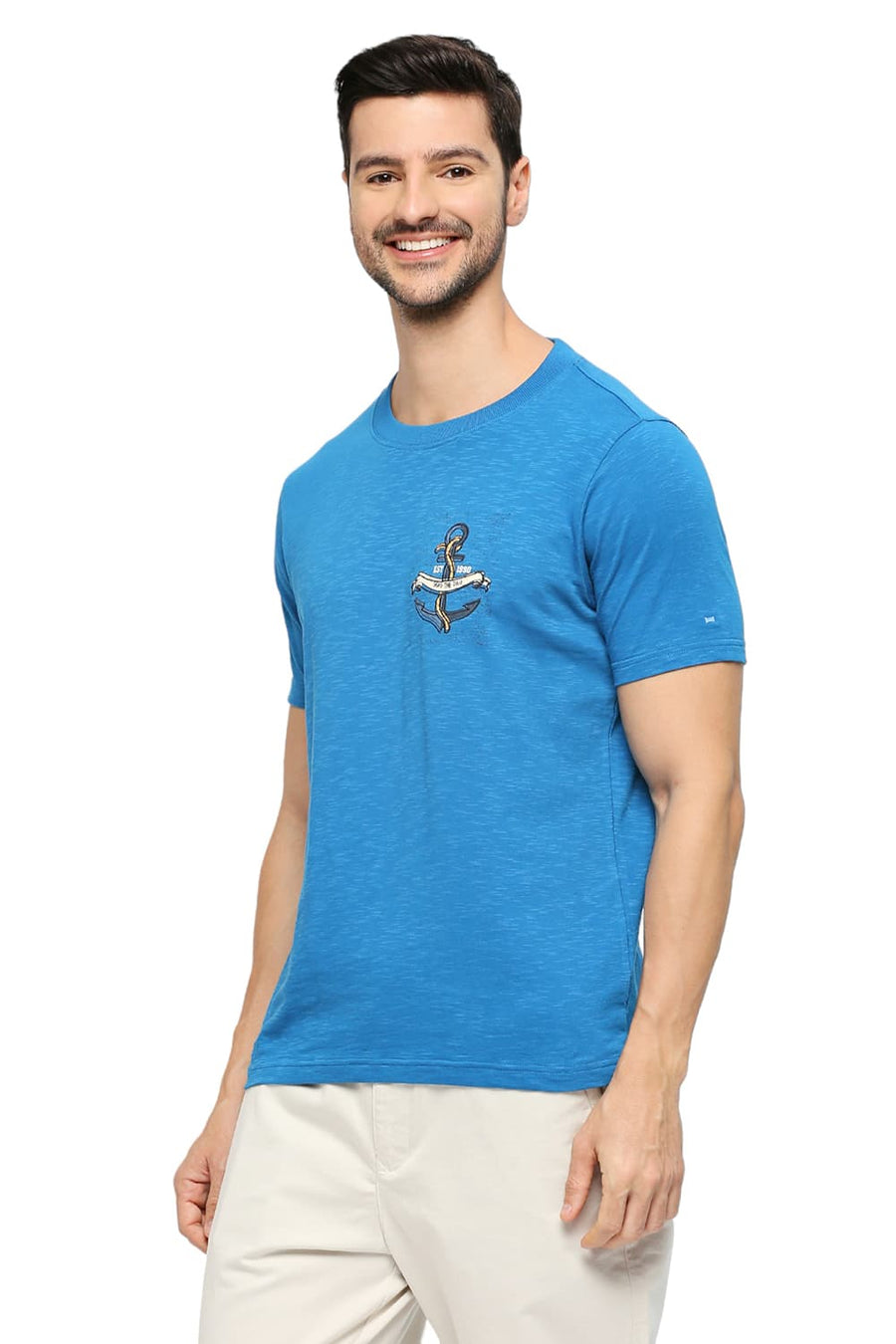 BASICS MUSCLE FIT MYKONOS BLUE COTTON SOLID CREW T-SHIRTS