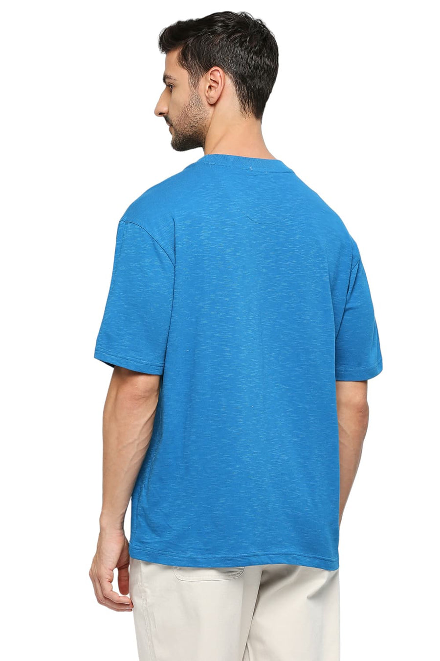 BASICS RELAXED FIT MYKONOS BLUE COTTON SOLID CREW T-SHIRTS