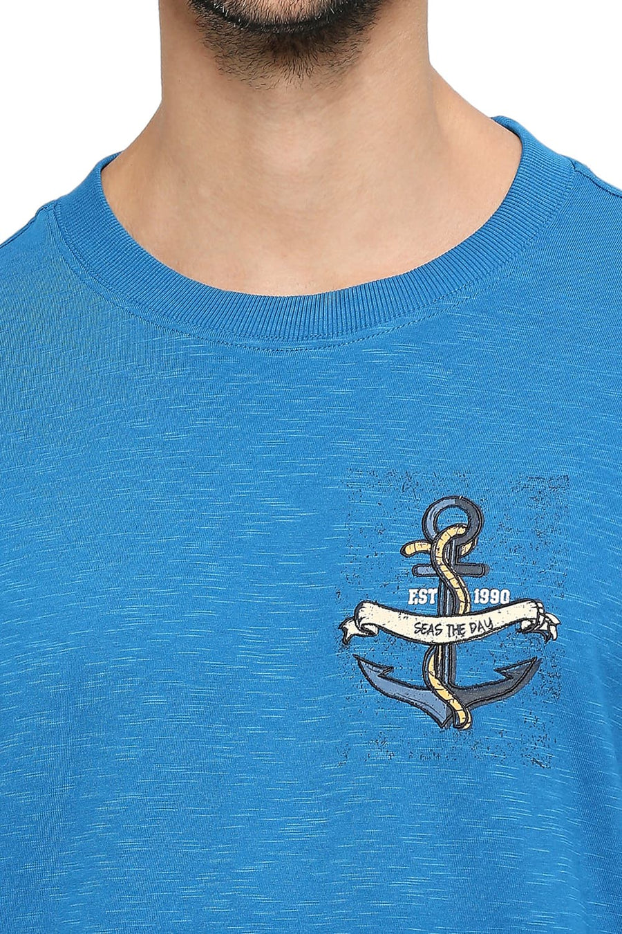 BASICS RELAXED FIT MYKONOS BLUE COTTON SOLID CREW T-SHIRTS