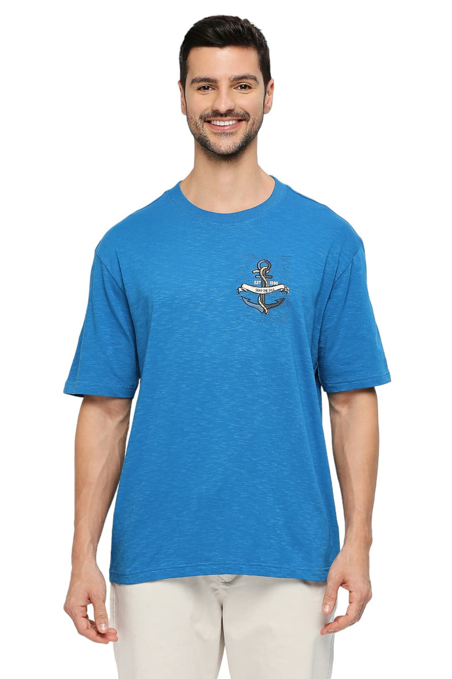 BASICS RELAXED FIT MYKONOS BLUE COTTON SOLID CREW T-SHIRTS