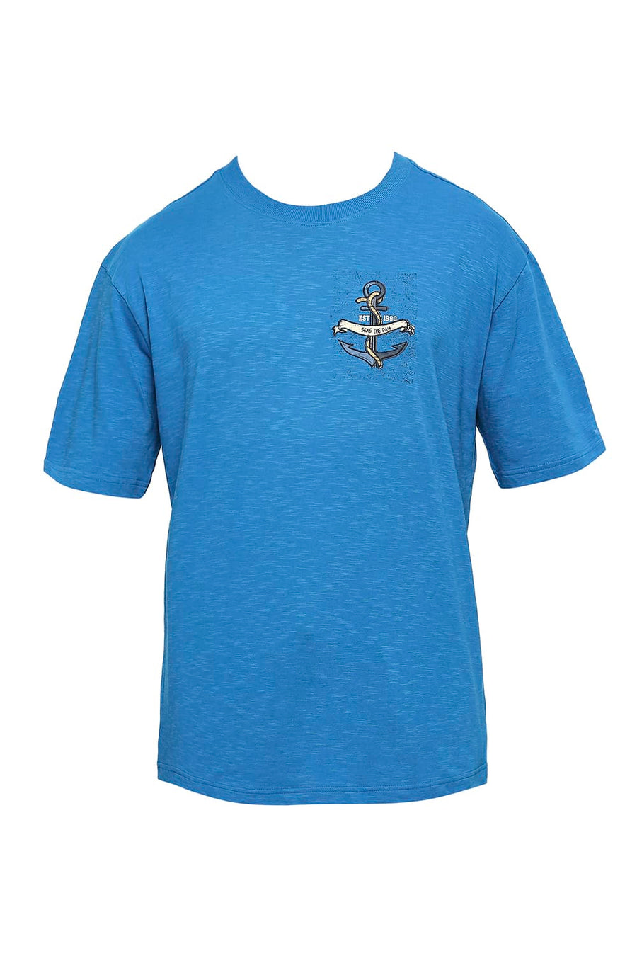 BASICS RELAXED FIT MYKONOS BLUE COTTON SOLID CREW T-SHIRTS