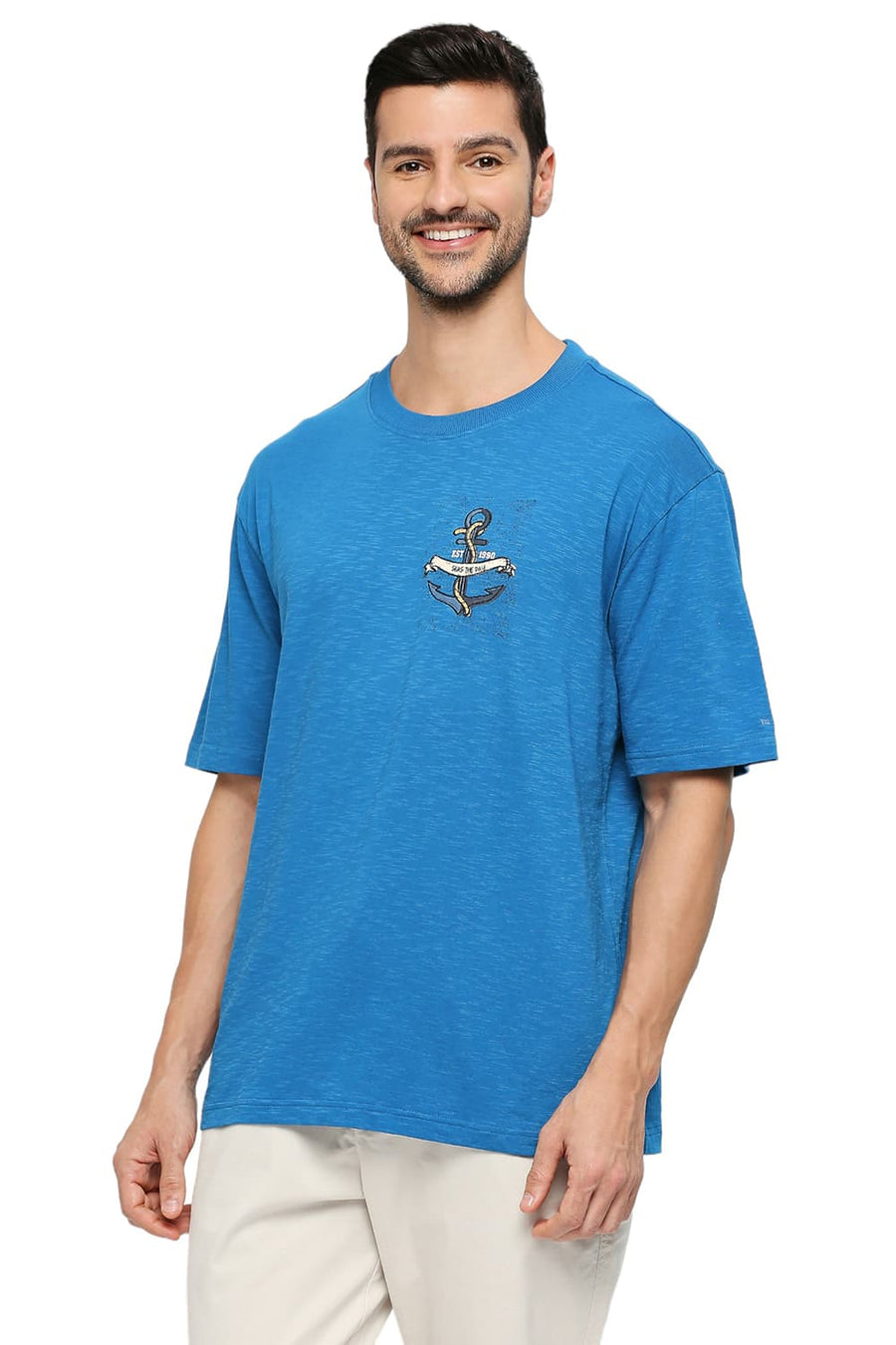 BASICS RELAXED FIT MYKONOS BLUE COTTON SOLID CREW T-SHIRTS