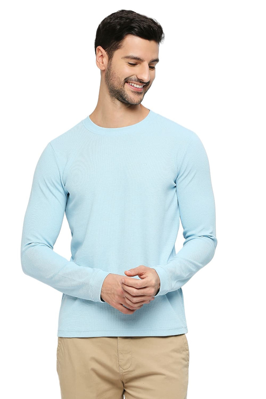 BASICS MUSCLE FIT CRYSTAL BLUE COTTON POLYESTER STRETCH SOLID CREW T-SHIRTS