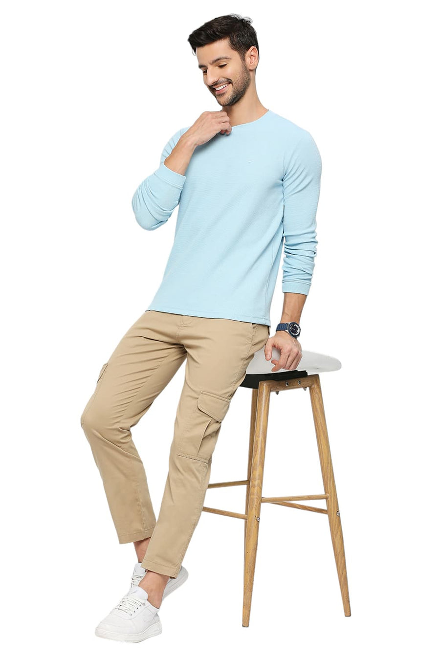 BASICS MUSCLE FIT CRYSTAL BLUE COTTON POLYESTER STRETCH SOLID CREW T-SHIRTS
