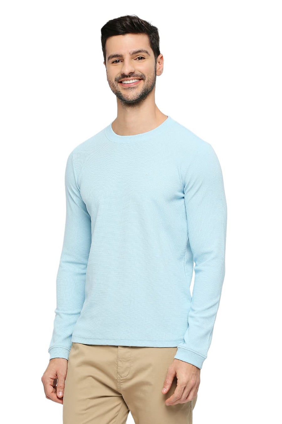 BASICS MUSCLE FIT CRYSTAL BLUE COTTON POLYESTER STRETCH SOLID CREW T-SHIRTS